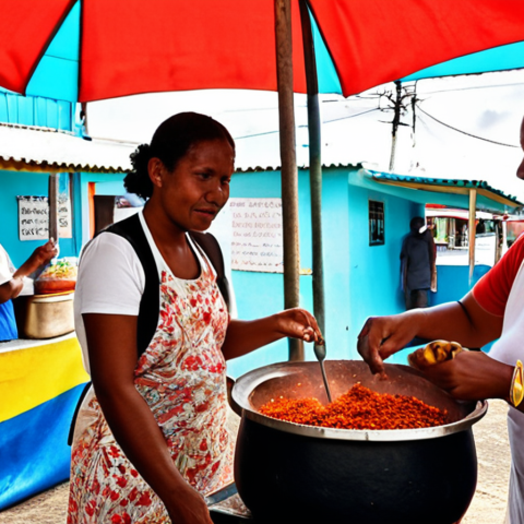 **

A vibrant street food stall in Guyana, bustling with activity. A friendly vendor is serving a customer pepperpot from a large pot. Focus on the rich, dark color of the pepperpot and the steam rising from it. In the background, show other locals enjoying their meals and interacting with each other.

**