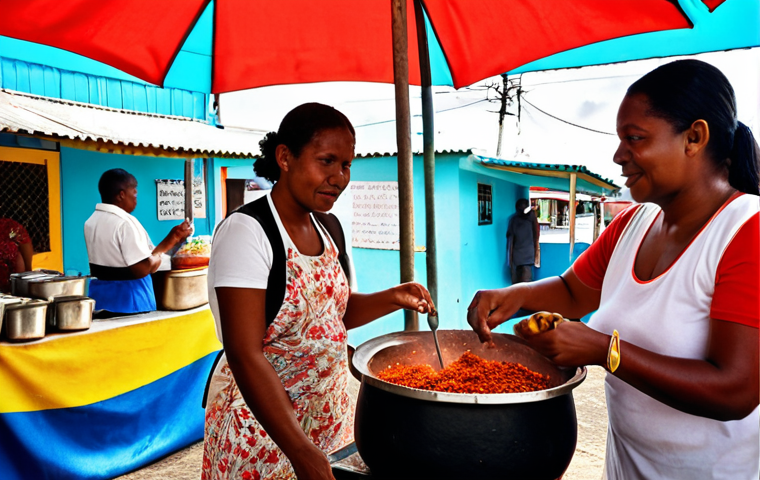 **
A vibrant street food stall in Guyana, bustling with activity. A friendly vendor is serving a customer pepperpot from a large pot. Focus on the rich, dark color of the pepperpot and the steam rising from it. In the background, show other locals enjoying their meals and interacting with each other.
**