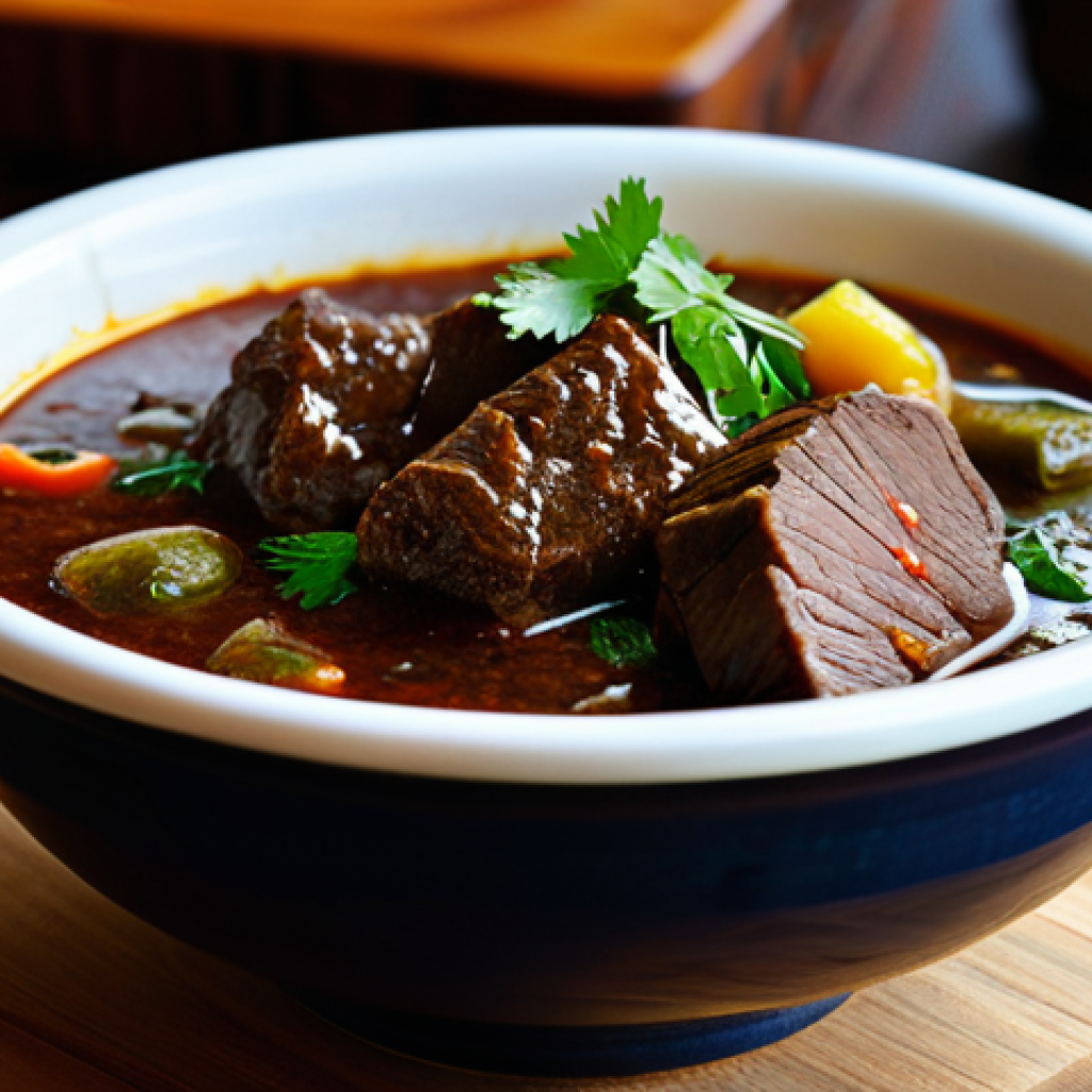 A vibrant, professional close-up photograph of a steaming bowl of authentic Guyanese Pepperpot, showcasing tender, slow-cooked beef in a rich, dark, and thick broth. The deep color and distinctive umami flavor from the unique cassareep are evident. The bowl is placed on a traditional, rustic wooden table, accompanied by a piece of freshly baked 'plait bread', ready for dipping. Warm, inviting lighting emphasizes the rich textures and aromatic steam rising from the dish, conveying a sense of cherished cultural heritage. Safe for work, appropriate content, fully clothed, modest, family-friendly, professional food photography, high quality, correct proportions, natural composition.