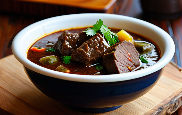 A vibrant, professional close-up photograph of a steaming bowl of authentic Guyanese Pepperpot, showcasing tender, slow-cooked beef in a rich, dark, and thick broth. The deep color and distinctive umami flavor from the unique cassareep are evident. The bowl is placed on a traditional, rustic wooden table, accompanied by a piece of freshly baked 'plait bread', ready for dipping. Warm, inviting lighting emphasizes the rich textures and aromatic steam rising from the dish, conveying a sense of cherished cultural heritage. Safe for work, appropriate content, fully clothed, modest, family-friendly, professional food photography, high quality, correct proportions, natural composition.