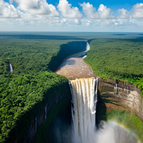 **

"Majestic Kaieteur Falls in Guyana, surrounded by lush rainforest, viewed from a small plane, fully clothed tourists visible in the foreground admiring the view, appropriate content, safe for work, perfect anatomy, natural proportions, professional photography, vibrant colors, sunny day, modest clothing."

**