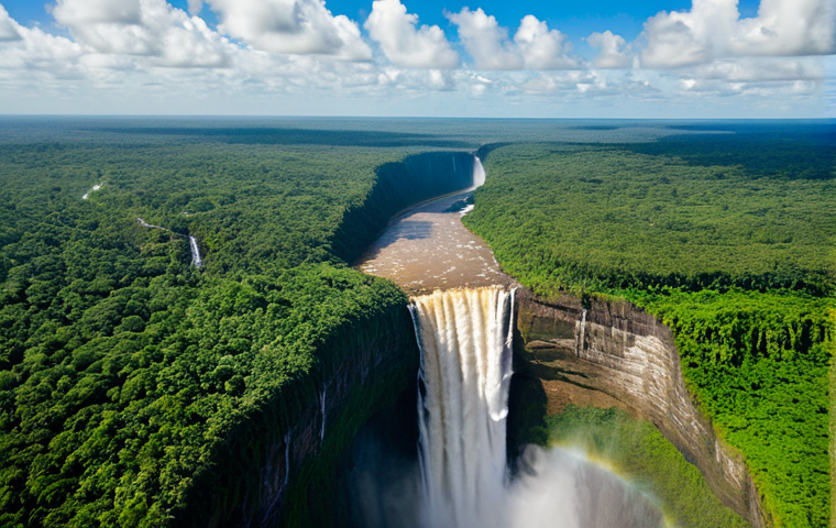 **

"Majestic Kaieteur Falls in Guyana, surrounded by lush rainforest, viewed from a small plane, fully clothed tourists visible in the foreground admiring the view, appropriate content, safe for work, perfect anatomy, natural proportions, professional photography, vibrant colors, sunny day, modest clothing."

**